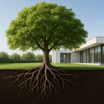 a lush green tree with visible roots in a manicured yard next to a modern house