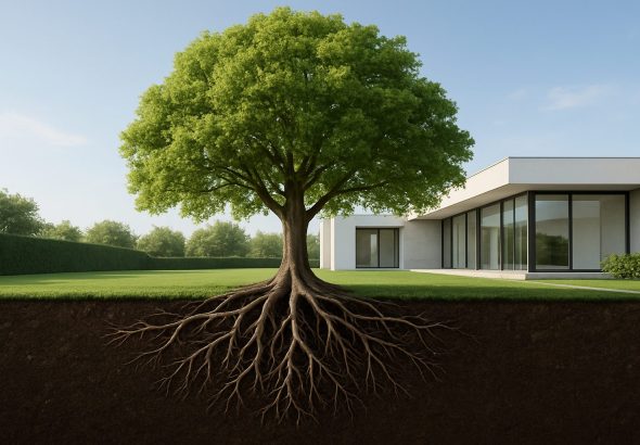 a lush green tree with visible roots in a manicured yard next to a modern house
