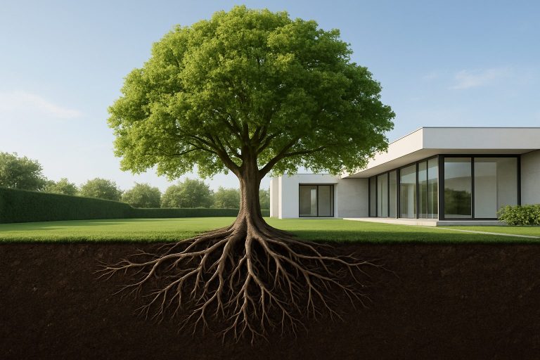 a lush green tree with visible roots in a manicured yard next to a modern house